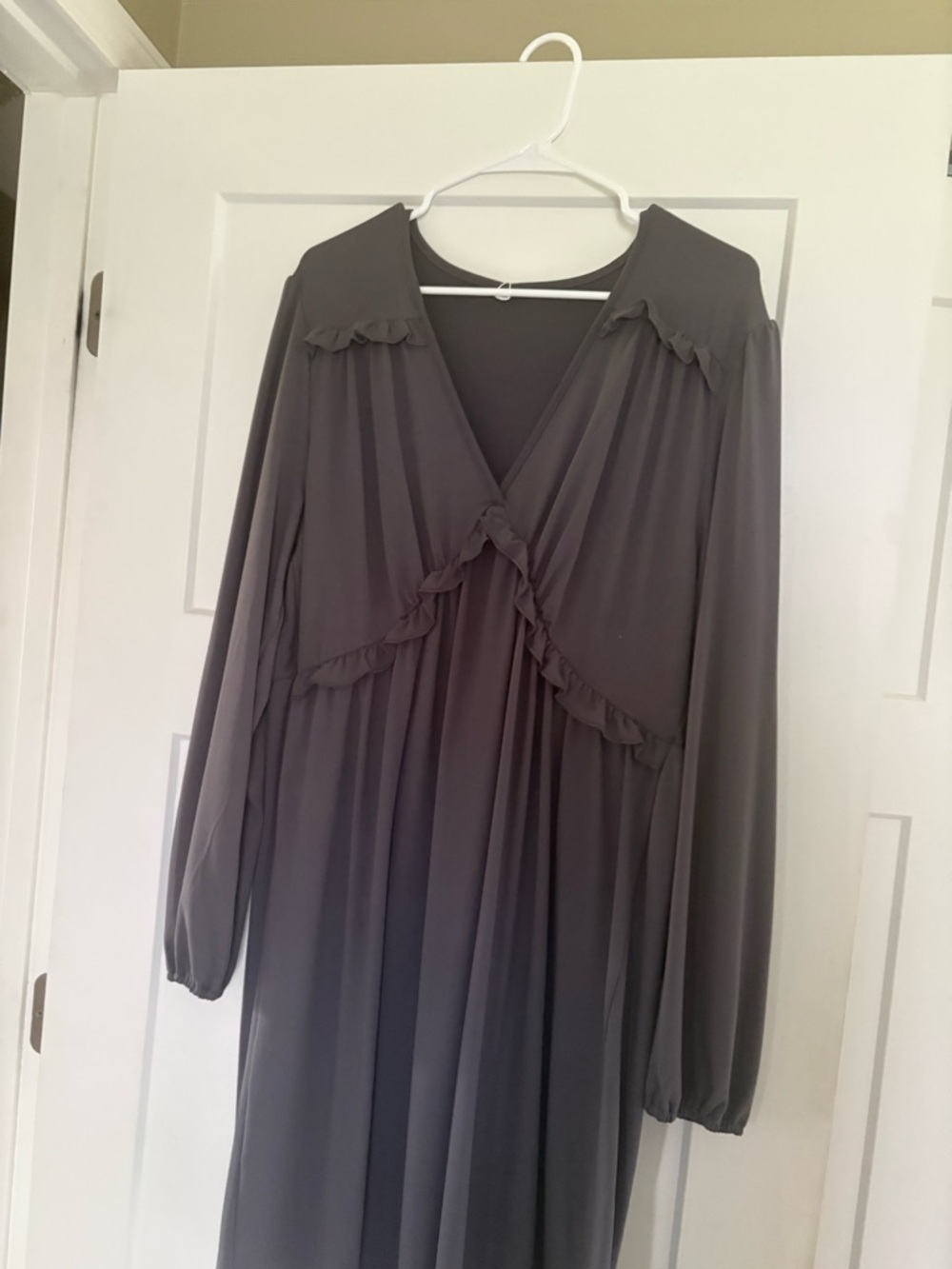 Gray Long Sleeve Ruffle-Trim V-Neck Dress